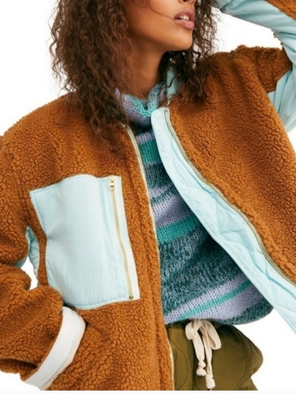 Free People Rivington We The Free Brown and Blue Fleece Jacket, NWT 168 *L